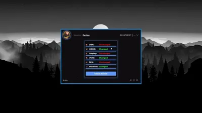 Dashboard table listing disk, motherboard, monitor, UUID, GPU and NIC fields with changed or unchanged badges next to a serial audit button.