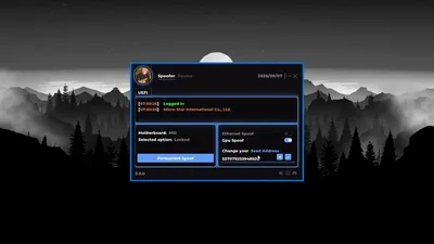 Dark UEFI tab with permanent spoof switch, GPU and LAN toggles, and a seed input on a mountain backdrop.