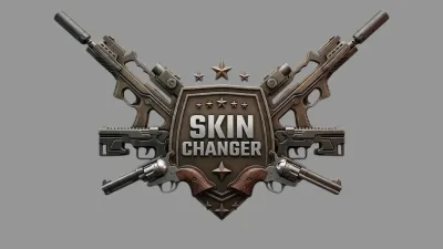 Steel shield badge labeled Skin Changer, flanked by crossed rifles, revolvers and star accents.