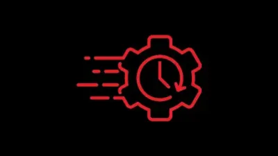 Crimson gear icon with an inner clock face and speed lines—the UGC brand mark.
